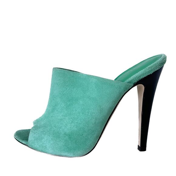Jenni Kayne Green Suede Peep Toe Mule Heels Size 37 - Picture 1 of 14